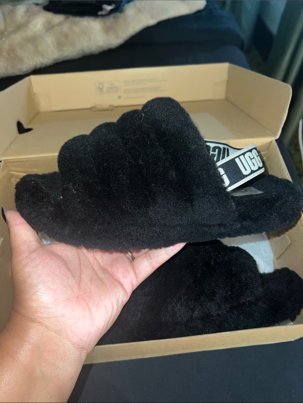 UGG Black Plush Fluff Slide with Branded Ankle Strap